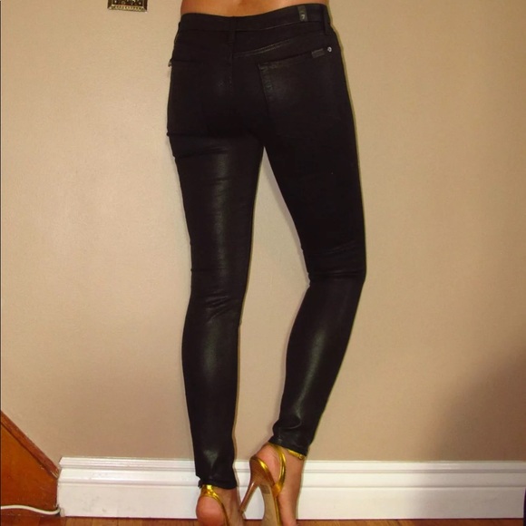 7 For All Mankind Skinny Low Rise Dark Green Coated Leather-look Jeans 24 25 new - Picture 6 of 9